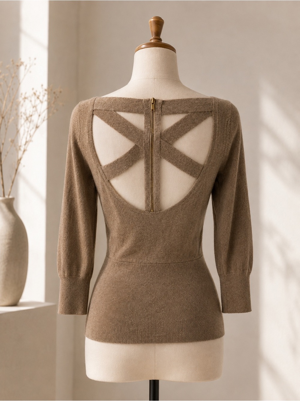 Cache Metallic Knit Sweater S Taupe Open Crisscross Back Zip Pullover Top